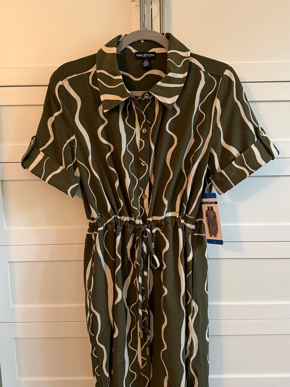 Halston Heritage Olive & Cream Wave-Print Midi Shirt Dress